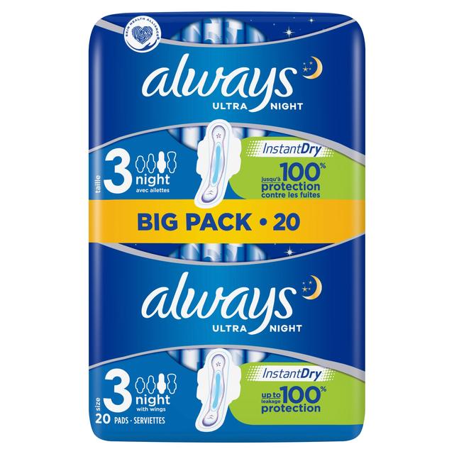 Siempre toallas sanitarias Ultra Night Size 3 Wings 20 por paquete